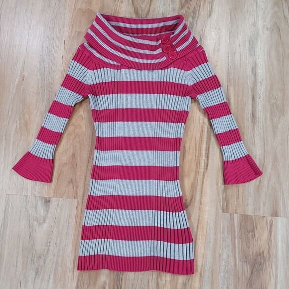 💚Pink Rose Gray & Pink Striped Button Cowl Neck 3/4 Sleeve Sweater Large - Picture 3 of 13